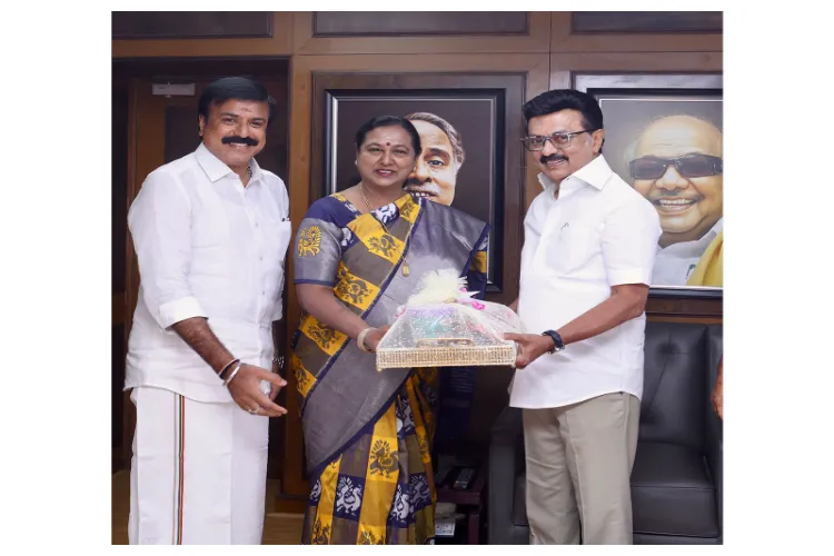 DMDK General Secretary Premalatha Vijayakanth with MK Stalin