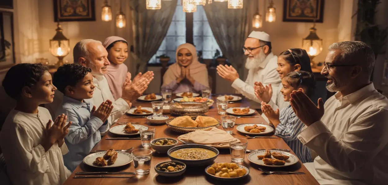 AI generated image of a Muslim family at Iftar