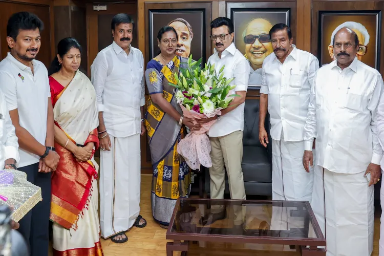 Tamil Nadu Chief Minister MK Stalin, state Deputy Chief Minister Udhayanidhi Stalin, DMK MP Kanimozhi Karunanidhi, DMDK General Secretary Premalatha Vijayakanth and others during a meeting, at DMK headquarters in Chennai