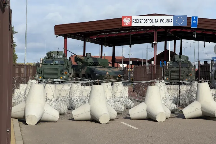 Armoured vehicles are parked at a section of Poland - Belarus border near the Polowce-Pieszczatka, Poland, Wednesday, Oct. 15, 2025. (Photo- AP)
