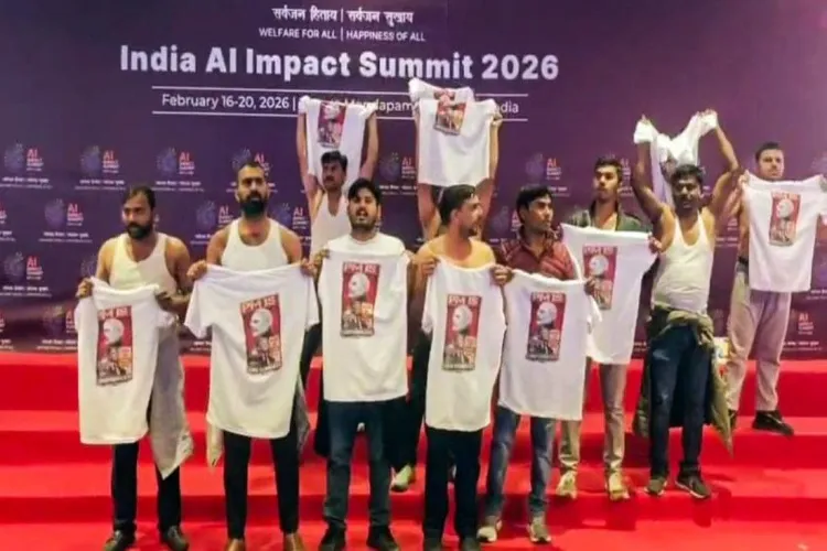 Indian Youth Congress (IYC) workers stage a 'shirtless protest', walking around holding T-shirts with slogans against the government and the India-US trade deal printed on them, at the AI Impact Summit, in New Delhi