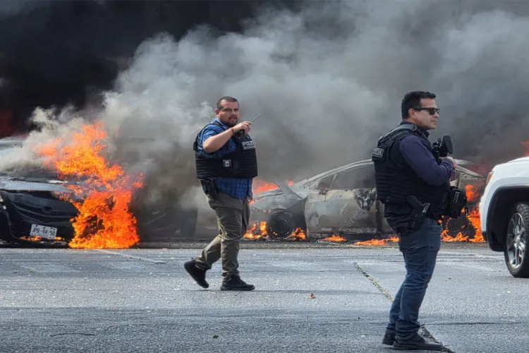 Police officers secure the area where vehicles were set on fire following killing of El Mencho
