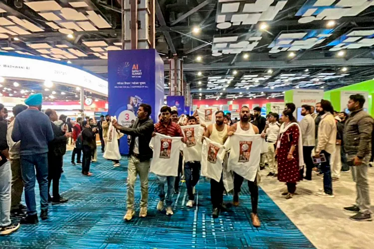Indian Youth Congress (IYC) workers stage a 'shirtless protest', walking around holding T-shirts with slogans against the government and the India-US trade deal printed on them, at the AI Impact Summit, in New Delhi