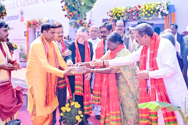 President Droupadi Murmu, Union Minister Dharmendra Pradhan, Jharkhand Governor Santosh Gangwar, state Chief Minister Hemant Soren during the ground-breaking and foundation stone laying ceremony of the Sri Jagannath Temple in Jharkhand's Jamshedpur