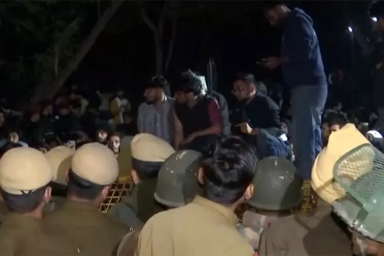 Protesters outside JNU on February 26, 2026