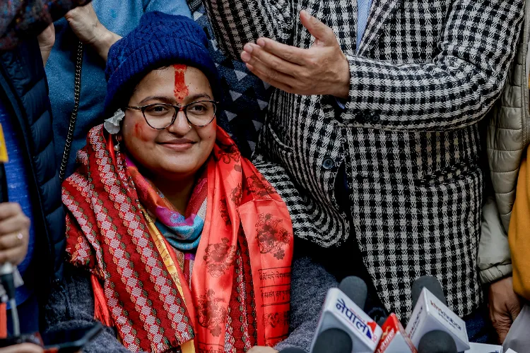 Kathmandu: Ranju Darshana, a candidate of the Rastriya Swatantra Party (RSP), speaks to the media, after she won the Kathmandu 1 constituency during the Nepal general elections, in Kathmandu, Nepal