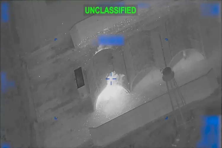 US military aerial footage labelled “Unclassified” shows a strike on a suspected target during Operation Epic Fury. 