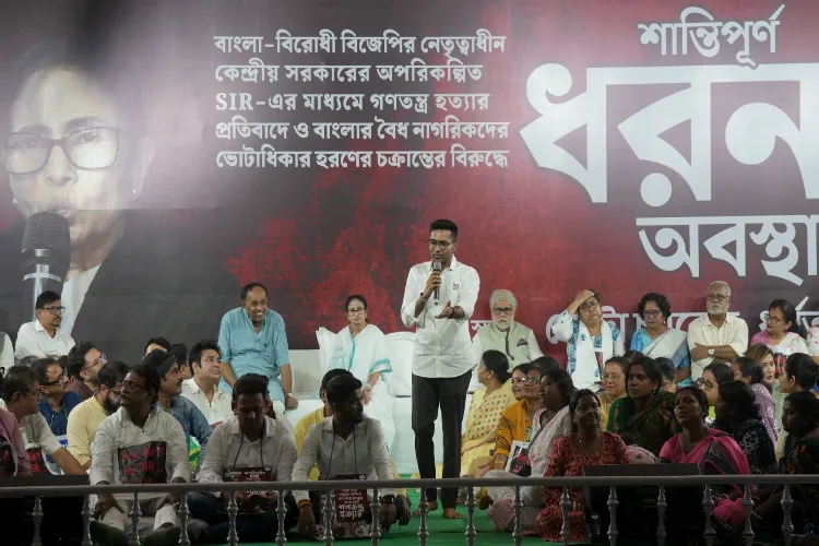 TMC MP Abhishek Banerjee addresses the gathering as West Bengal Chief Minister and TMC chief Mamata Banerjee stages a sit-in dharna to protest against the alleged arbitrary deletions from the post-SIR electoral rolls, in Kolkata, West Bengal