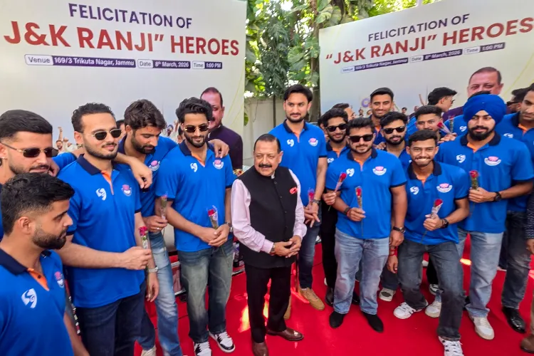Union MoS Jitendra Singh meets the Jammu and Kashmir cricket team members after they won the Ranji Trophy 2025-26 final match