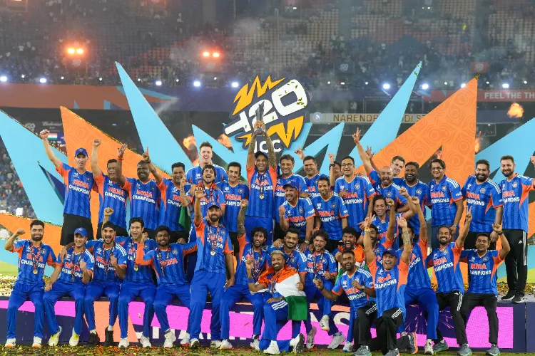 Ahmedabad: India's captain Suryakumar Yadav lifts the tournament trophy with teammates after winning the ICC Men's T20 World Cup 2026