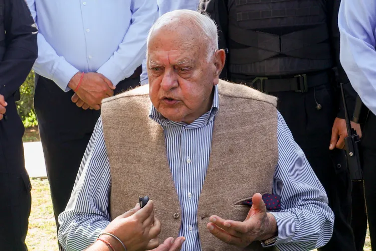 Jammu and Kashmir National Conference president Farooq Abdullah addresses a press conference, at his residence in Jammu & Kashmir