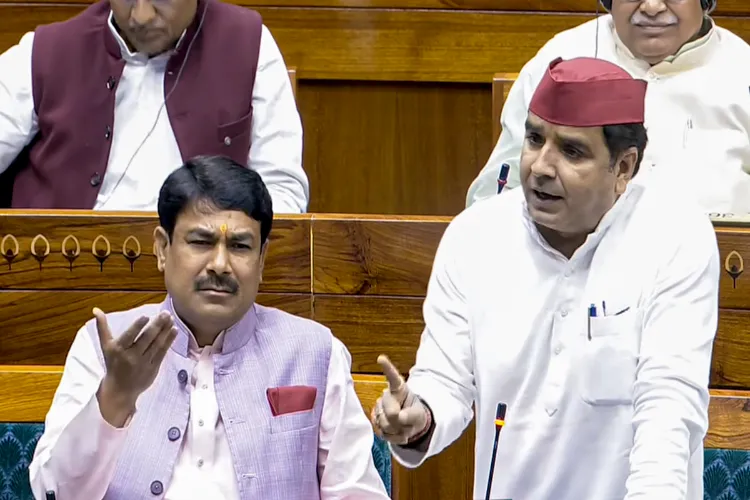 Samajwadi Party MP Dharmendra Yadav speaks in the Lok Sabha during the second part of the Budget session of Parliament, in New Delhi