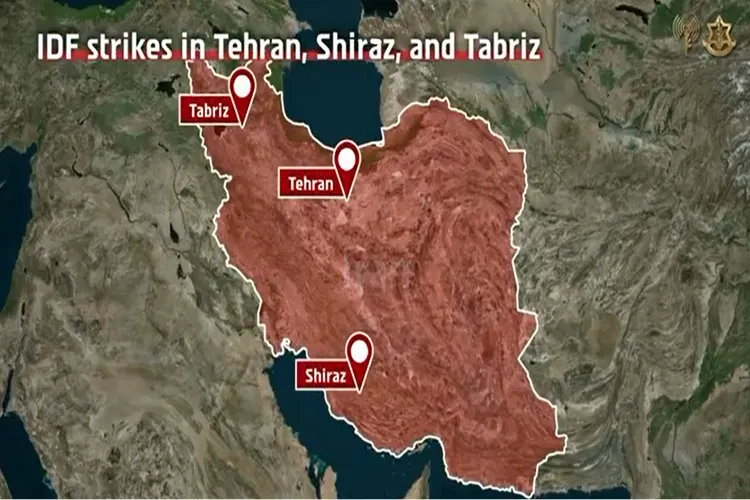 A map shared by the Israel Defence Forces (IDF) highlights strike locations in Tehran, Shiraz, and Tabriz during targeted operations against Iranian regime infrastructure across Iran. 
