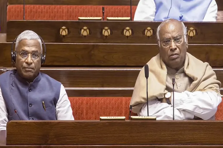 LoP in the Rajya Sabha and Congress President Mallikarjun Kharge speaks in the House during the second part of the Budget session of Parliament