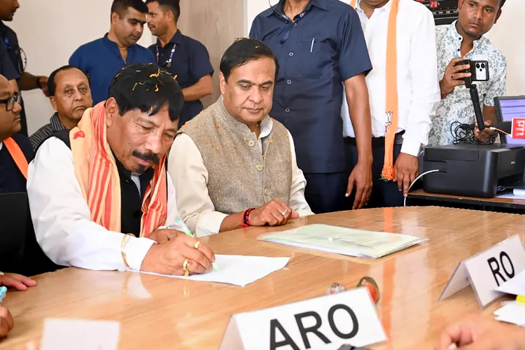 Asom Gana Parishad (AGP) President and party candidate from Bokakhat constituency, Atul Bora, in the presence of Assam CM Himanta Biswa Sarma files his nomination for the state Assembly elections, in Golaghat