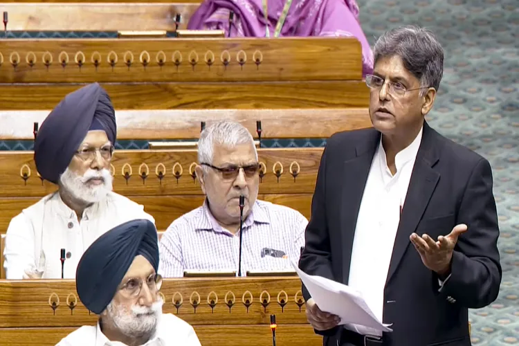 Congress MP Manish Tewari speaks in the Lok Sabha during the second part of the Budget session of Parliament, in New Delhi