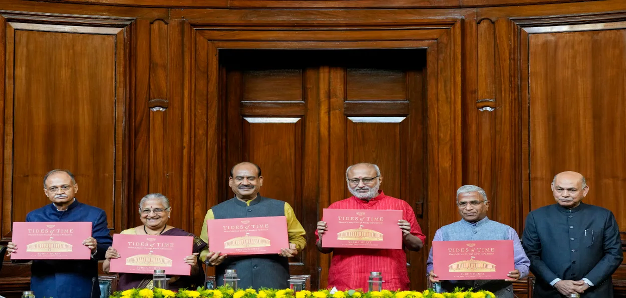 Vice President CP Radhakrishnan, second right, Lok Sabha Speaker Om Birla, second left, Deputy Chairman of the Rajya Sabha Harivansh Narayan Singh, right, and MP Sudha Murty during the launch of Murty's book Tides of Time