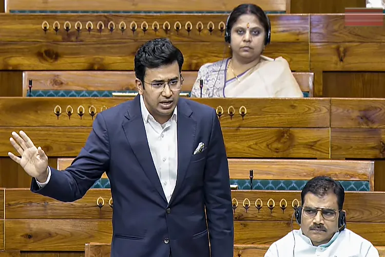 BJP MP Tejasvi Surya speaks in the Lok Sabha during the second part of the Budget session of Parliament, in New Delhi