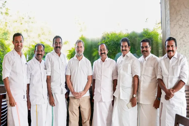 Leader of Opposition in Lok Sabha Rahul Gandhi, fourth left, poses for photographs with Congress MP KC Venugopal, third right, and other party leaders, during a meeting ahead of the Kerala Assembly elections, in Kerala.