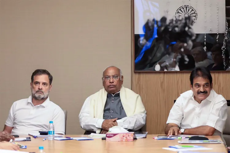 Congress MP Rahul Gandhi, party president Mallikarjun Kharge and General Secretary (O) KC Venugopal 