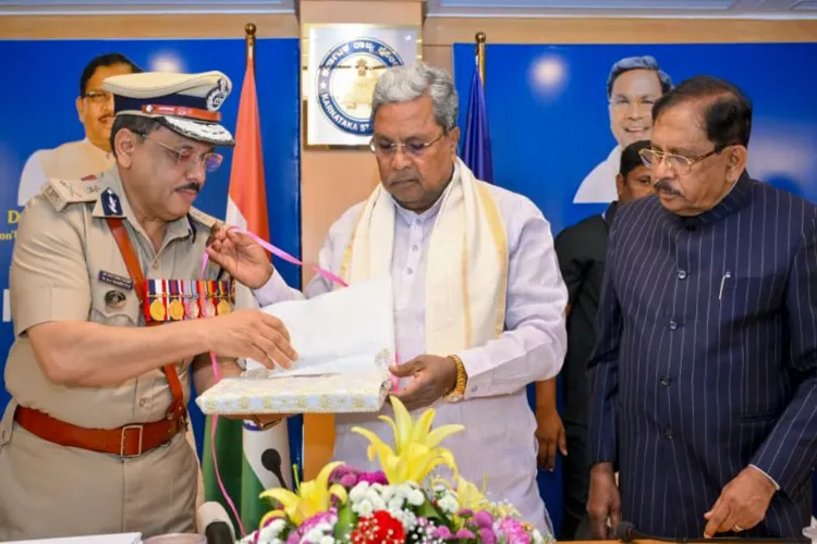 Karnataka Chief Minister Siddaramaiah, centre, with Home Minister G Parameshwara,right, and Director General of Police MA Saleem during the inauguration of the annual conference of senior police officers, in Bengaluru.