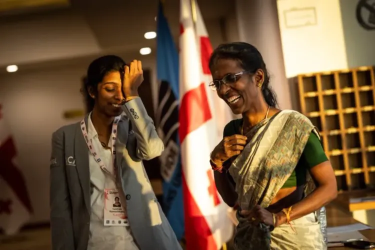 Indian Grandmaster R Vaishali after winning the FIDE Women's Candidates title with her mother