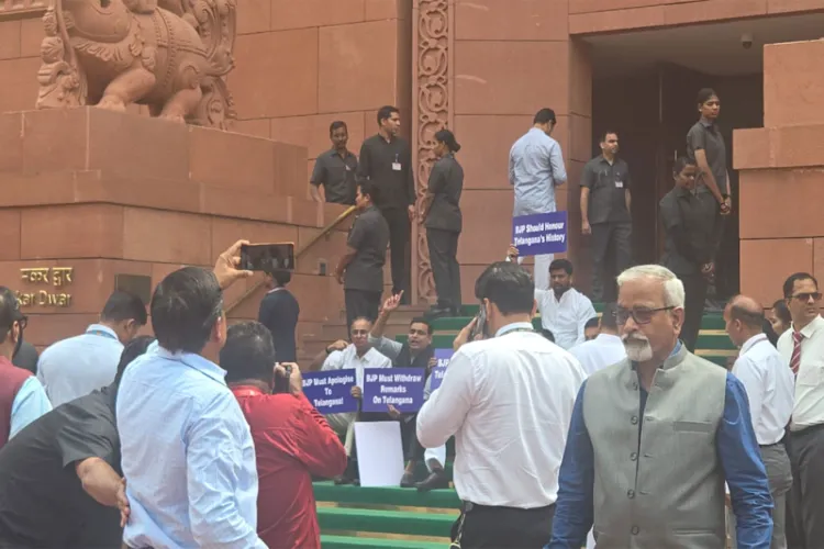 Opposition MPs protest against Tejasvi Surya outside Parliament 