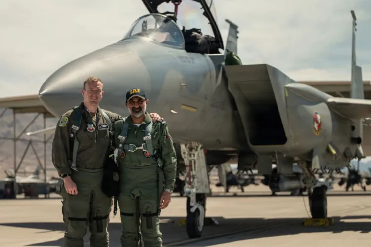 Indian Air Force Chief AP Singh with US Air Force Maj Matthew Benson ahead of his familiarisation flight in USAF F15EX. 