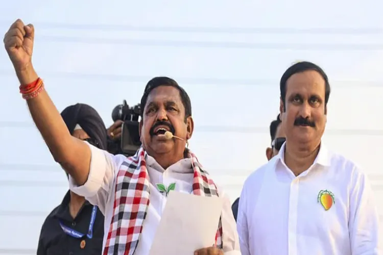 AIADMK leader Edappadi K Palaniswami, accompanied by PMK president Anbumani Ramadoss, during a campaign in the Edappadi Assembly constituency, ahead of Tamil Nadu elections