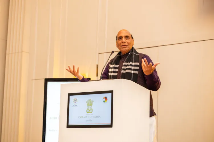 Defence Minister Rajnath Singh giving speech while attending the Indian community event held at the Indian Embassy in Berlin