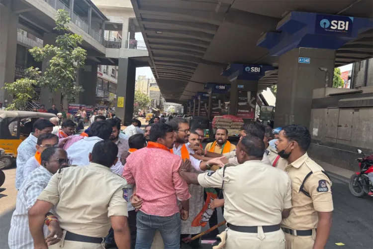 BJP workers protesting in Hyderabad against Congress President Mallikarjun Kharge 