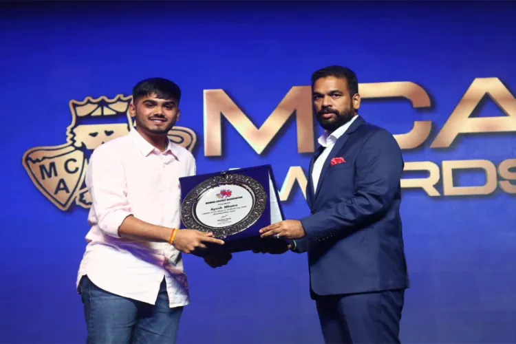 Ayush Mhatre receiving his award at the MCA Awards 2026 in Mumbai.