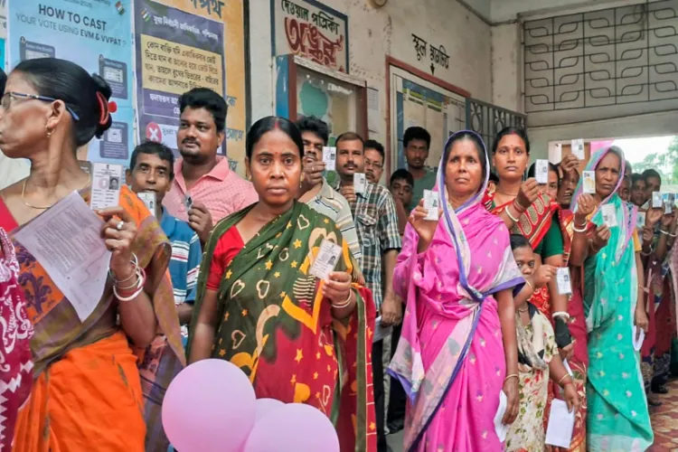 People show their voter IDs as they stand in queues to cast votes during second phase of polling in Howrah 
