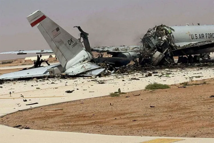 A damaged US Boeing E-3 Sentry aircraft following an Iranian strike at Prince Sultan Air Base in Saudi Arabia