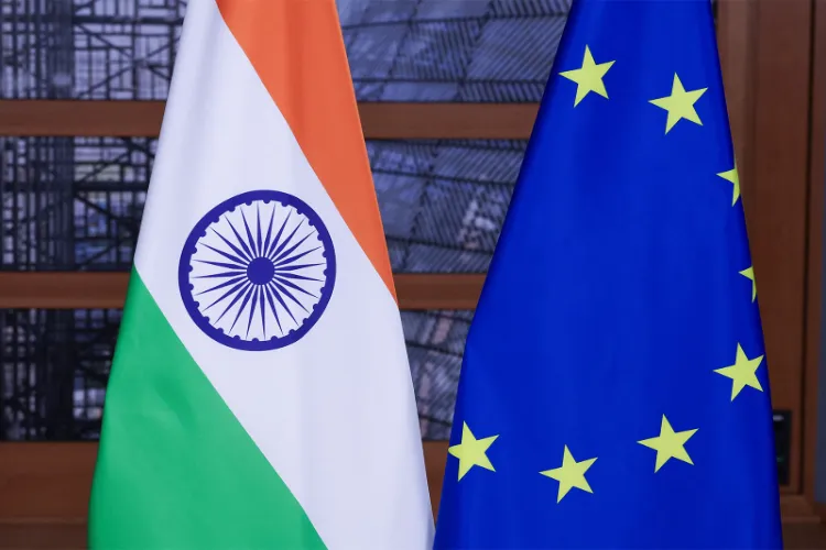 Flags of India and European Union at European Council President Antonio Costa's office in Brussels, Belgium