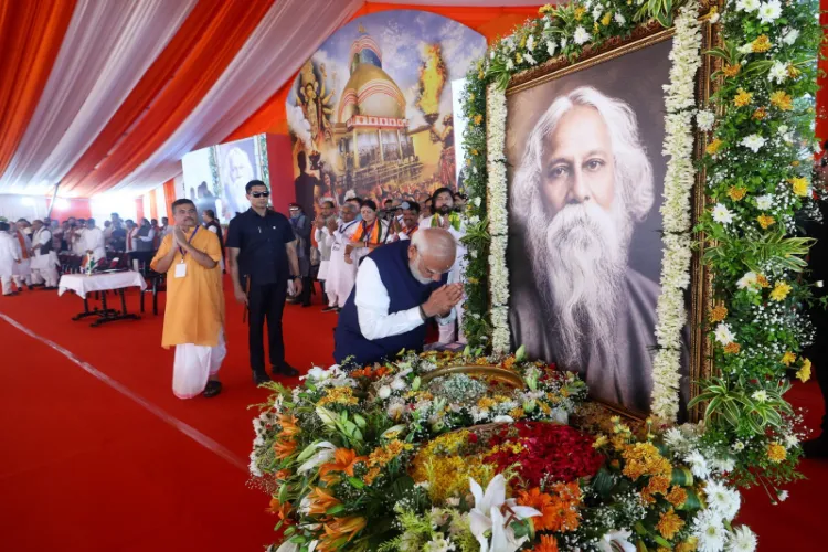Prime Minister Narendra Modi pays tribute to Rabindranath Tagore during the oath-taking ceremony