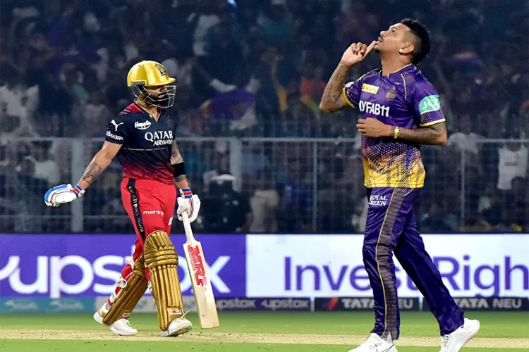 Virat Kohli struggles against Narine.