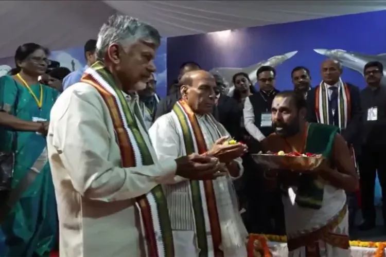 Defence Minister Rajnath Singh and Andhra Pradesh Chief Minister N Chandrababu Naidu attend the foundation stone laying and groundbreaking ceremonies of major aerospace and defence projects at Puttaparthi 