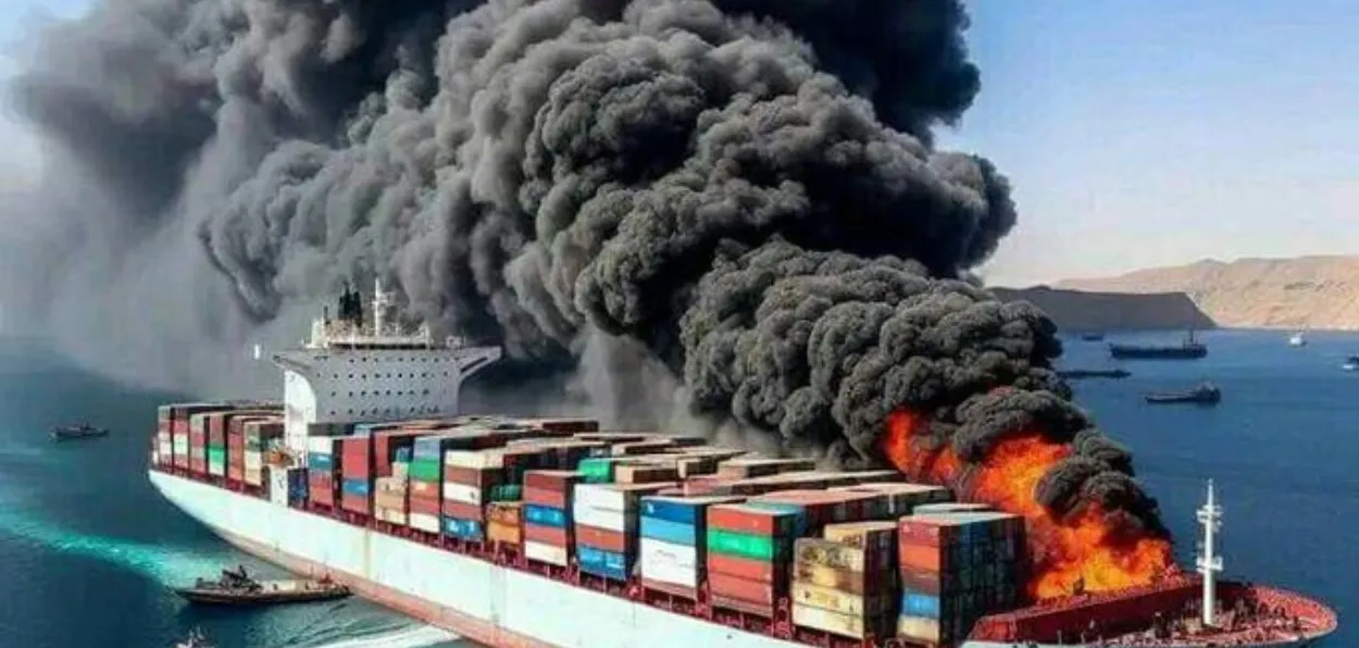 An oil Tanker off the Fujihara port oin fire after being hit by a missile