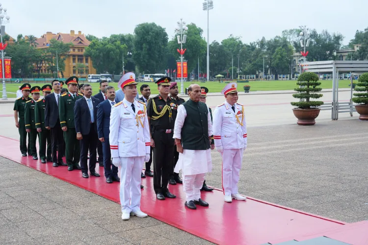 Defence Minister Rajnath Singh paying homage to  the founding father of Vietnam, Ho Chi Minh, at the Ho Chi Minh Mausoleum in Hanoi 