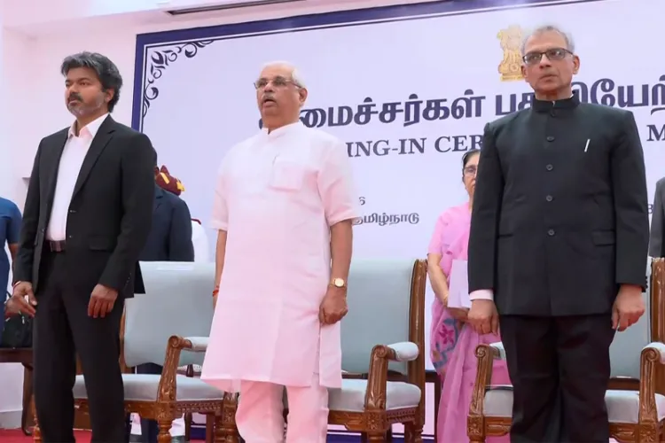 Tamil Nadu CM Vijay, Governor Rajendra Arlekar at the oath ceremony