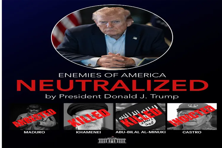 The White House graphic depicting adversarial world leaders labeled as “arrested”, “killed”, or “indicted” under President Donald Trump. 