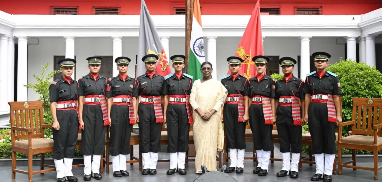 President Droupadi Murmu with the first batch of women cadets after the Passing Out Parade at IMA, Dehradun 