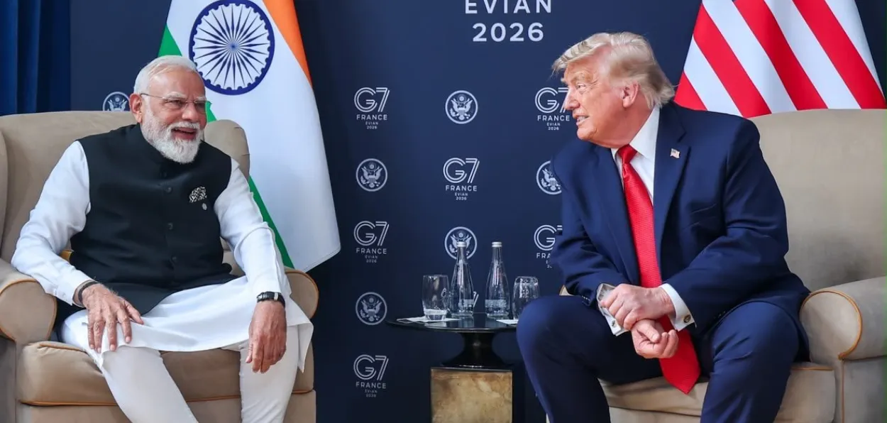 Prime Minister Narendra Modi and President Donald Trump sharing a lighter moment during their press conference in Evian-Les-Bains, France