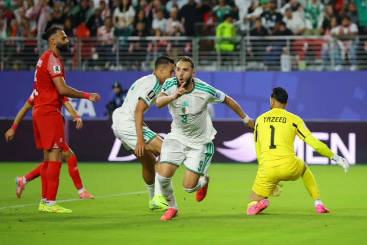 Algeria's Amine Gouiri celebrates scoring their second goal against Jordon 