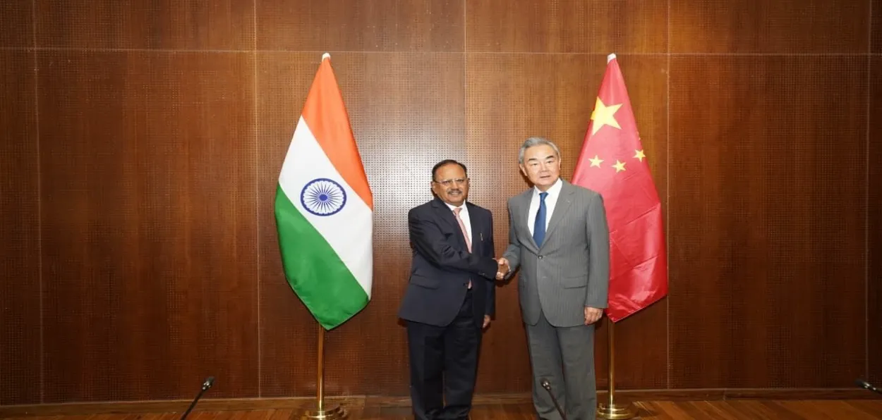 National Security Adviser Ajit Doval during a meeting with Member of the CPC Political Bureau and Chinese Foreign Minister Wang Yi on the sidelines of the BRICS National Security Advisers' Meeting, in New Delhi.