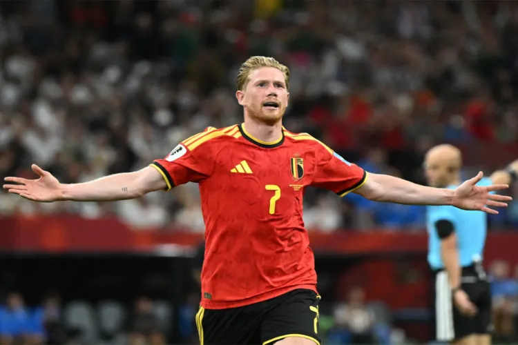 Belgium's Kevin De Bruyne celebrating after scoring goal against New Zealand.