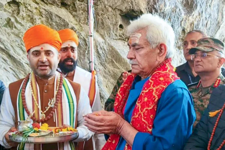 Jammu and Kashmir Lieutenant Governor Manoj Sinha  performing the 'pratham puja' at the holy cave shrine of Amarnath in South Kashmir