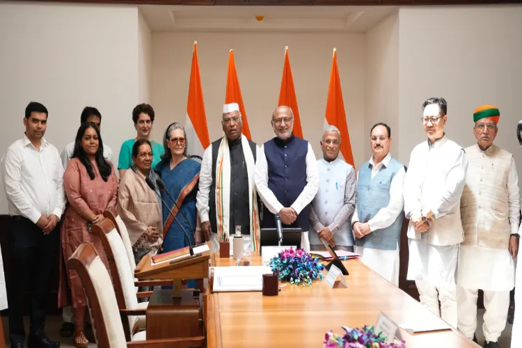 Vice President and Rajya Sabha Chairman CP Radhakrishnan with Congress MP Mallikarjun Kharge after administering oath as a member of the Rajya Sabha after his re-election.