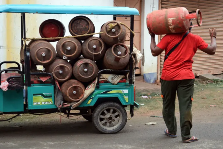 A worker carries LPG gas cylinders for delivery (Representational Image)